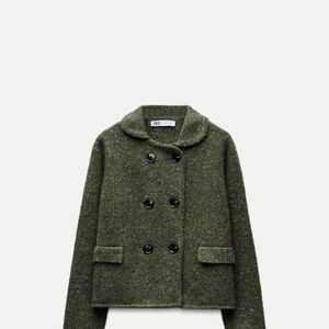 Zara Women's Olive Double-Breasted Pea Coat
